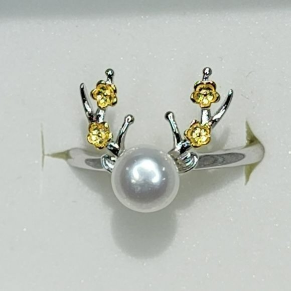 925S Deer‎ Pattern Necklace Ring Earring Freshwater Pearl Jewelry Set - Picture 12 of 15